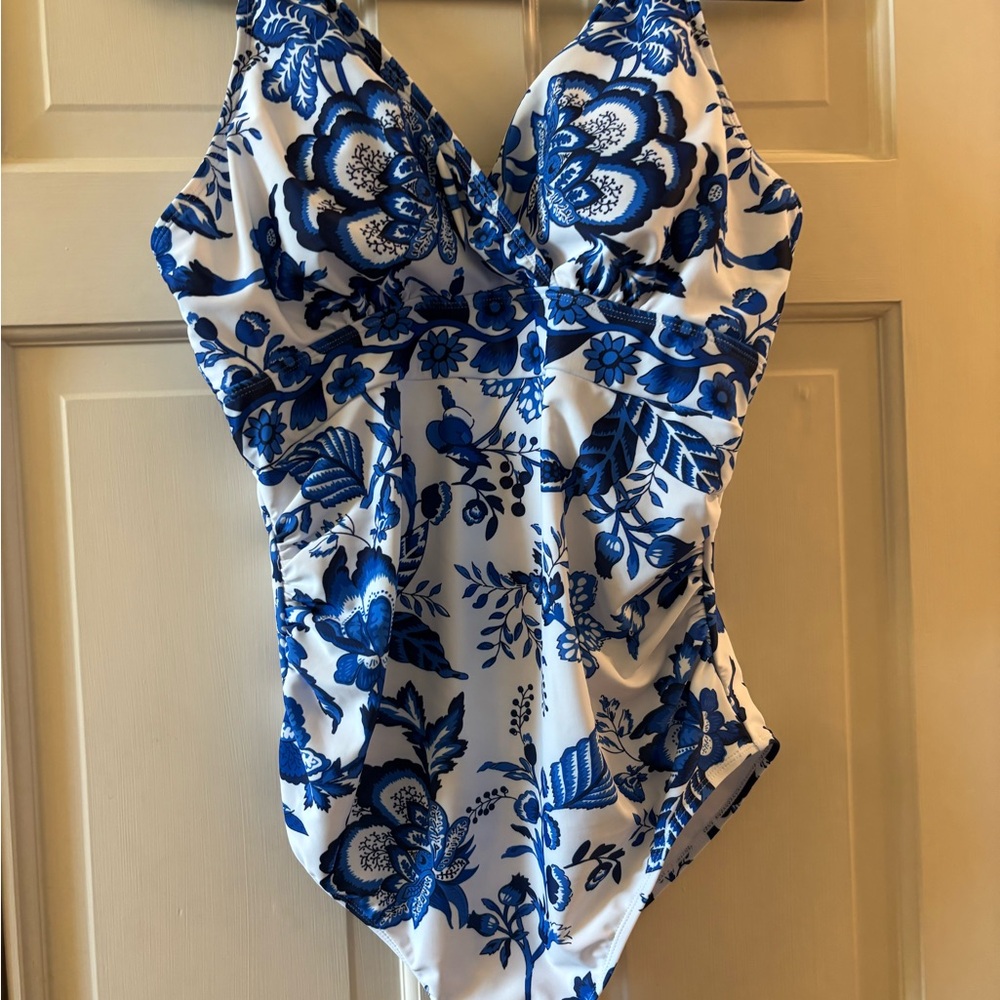 Kids One-Piece Swimsuit in Blue Floral Print with matching skirt